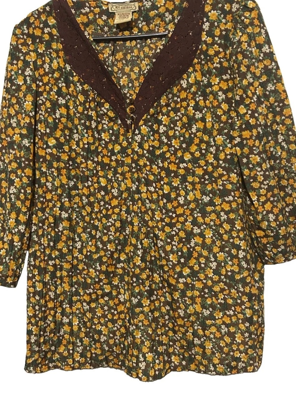 Art and Soul Top L Brown Yellow Floral Hippie Boho Peasant Shirt Blouse Large